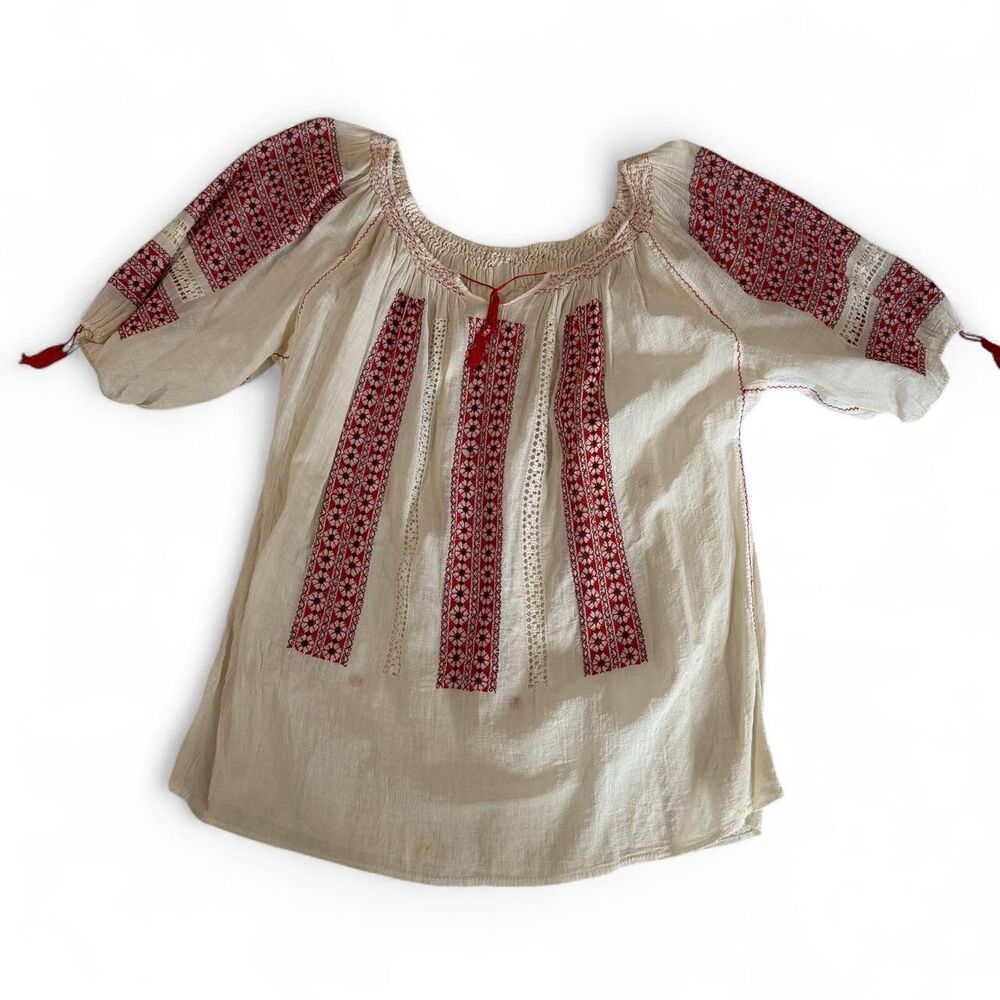 Vintage Romanian Peasant Blouse White & Red Embroidered Cotton Folk Gauze Top